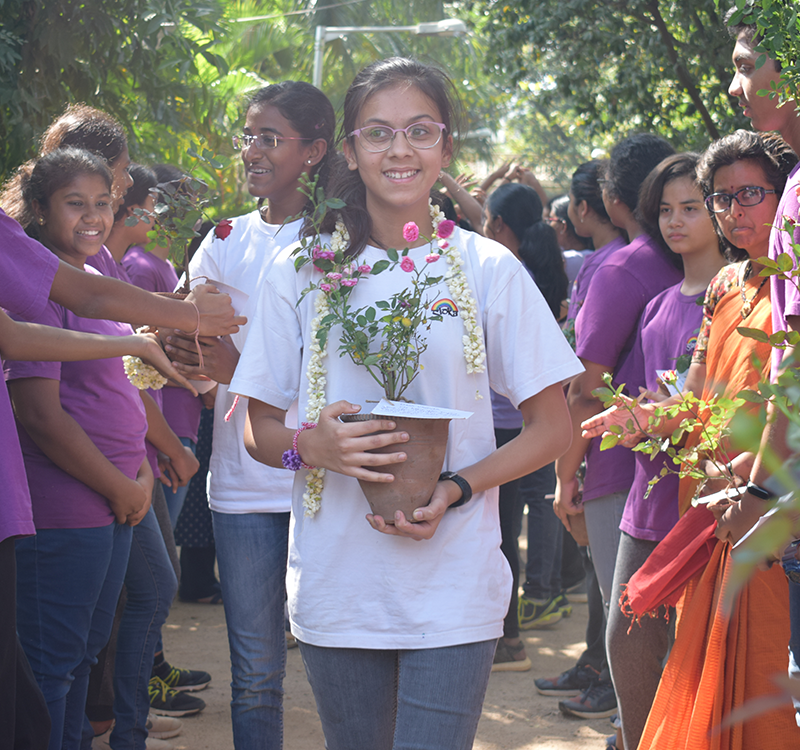 Students wearing white walk between two rows of students wearing purple in a procession, holding flower pots.