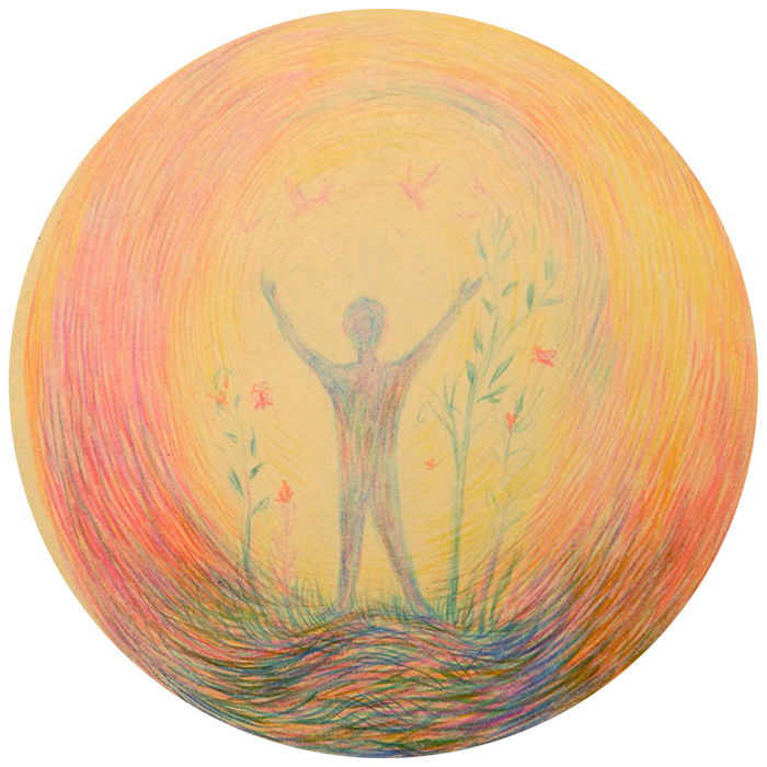 A pastel drawing on yellow background showing an orange sun, within which a child’s silhouette is seen with arms raised up.