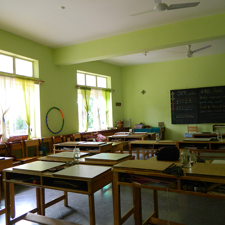 View of an empty lower school classroom at Sloka - The Hyderabad Waldorf School.