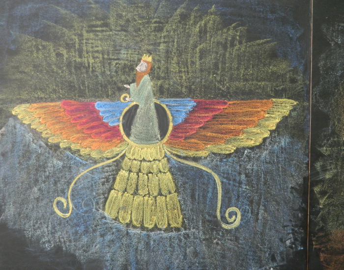 Vibrant chalk drawing inspired by Zoroastrian motif on a black board