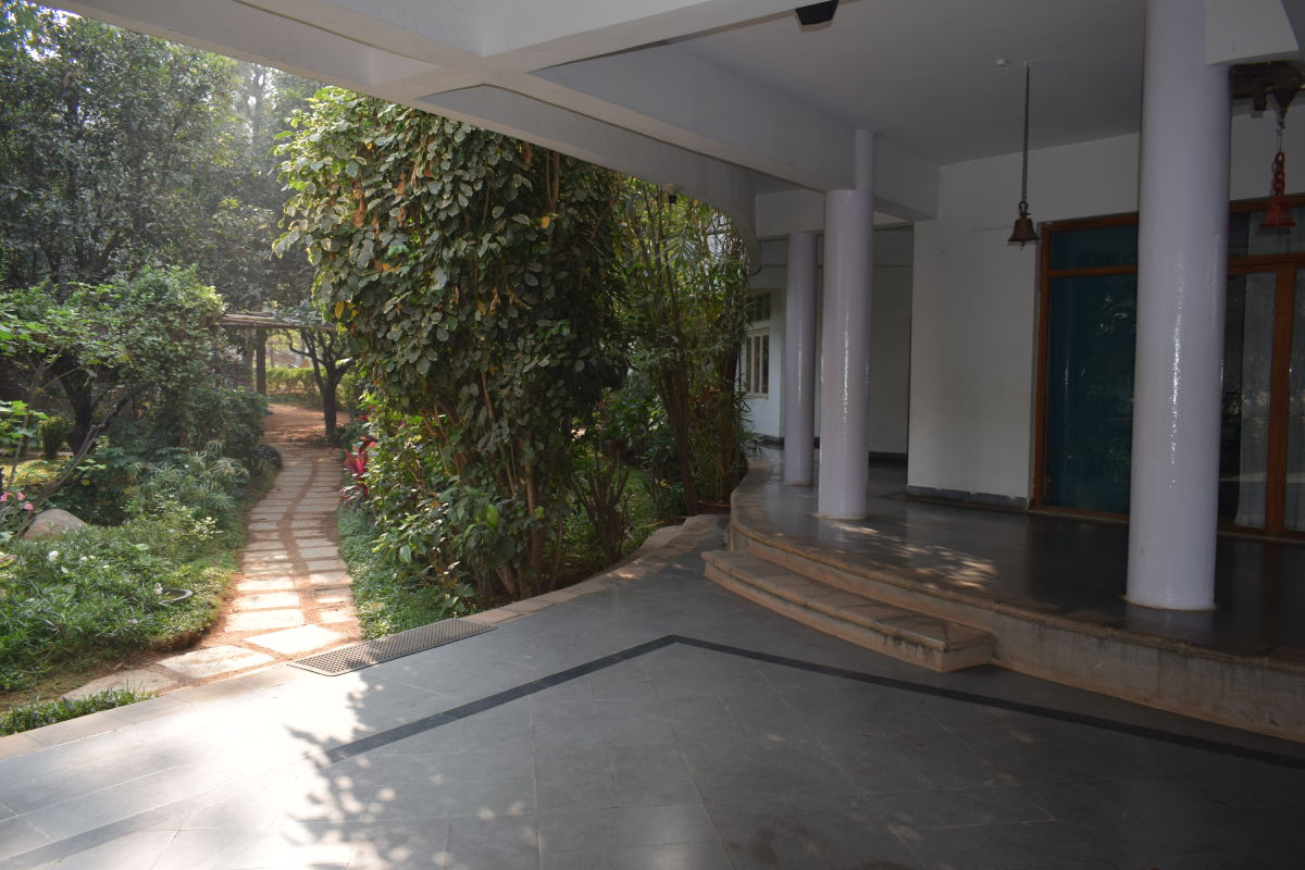 View of a verdant garden path leading to the school building.